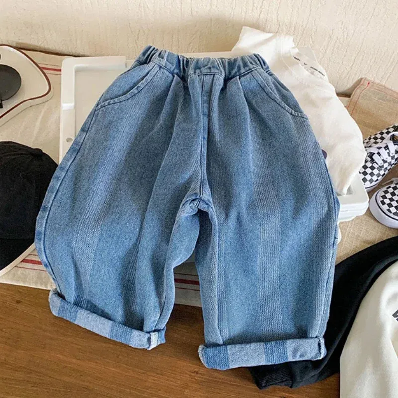 Autumn New Boys Korean Vertical Stripes Jeans 100% Cotton Casual Loose Children's Denim Pant Carrot Pants For Girls