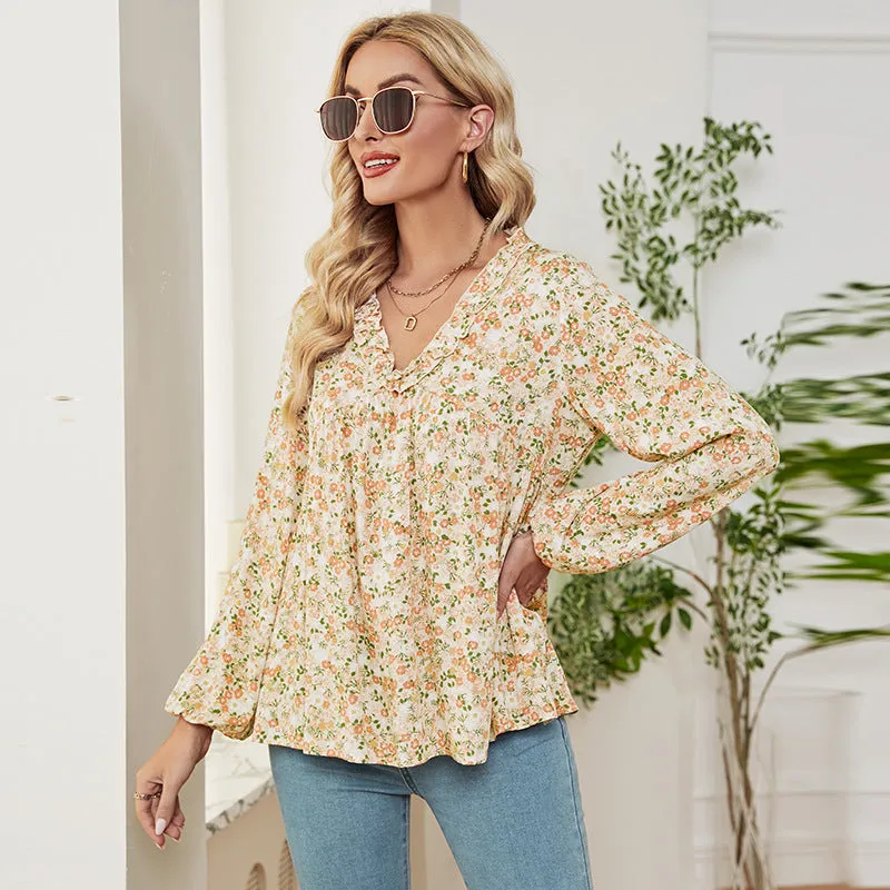 Casual Floral V-Neck Tops Loose Long Sleeve Wholesale Womens Long Sleeve T Shirts