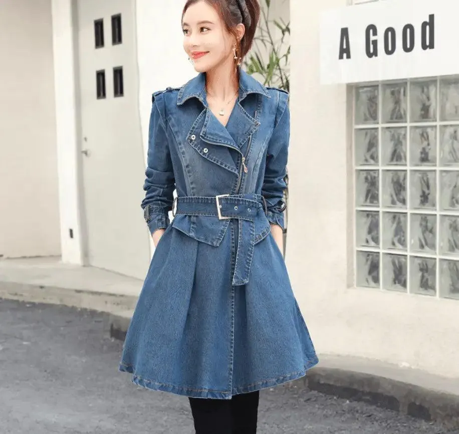 Double layer lapel denim trench coat