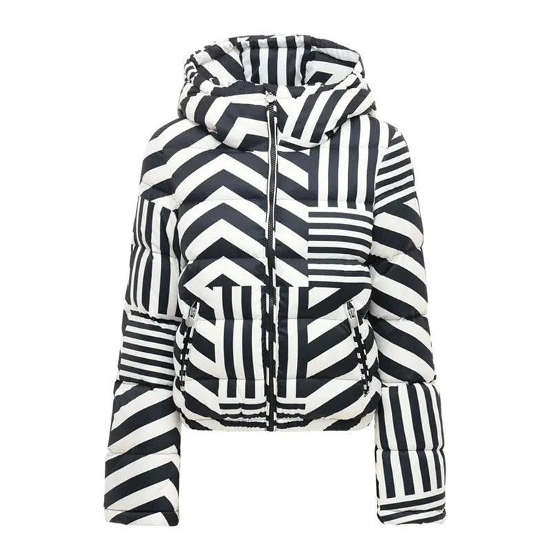 Womens Short Down Jacket - Hooded Parka with Black and White Stripes - Fashionable Winter Coat