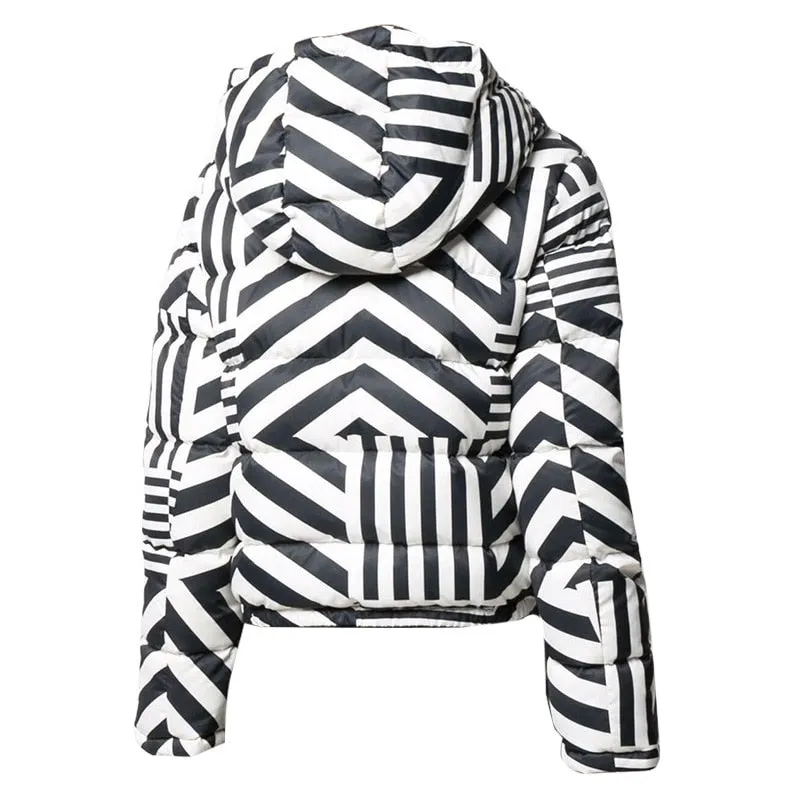 Womens Short Down Jacket - Hooded Parka with Black and White Stripes - Fashionable Winter Coat