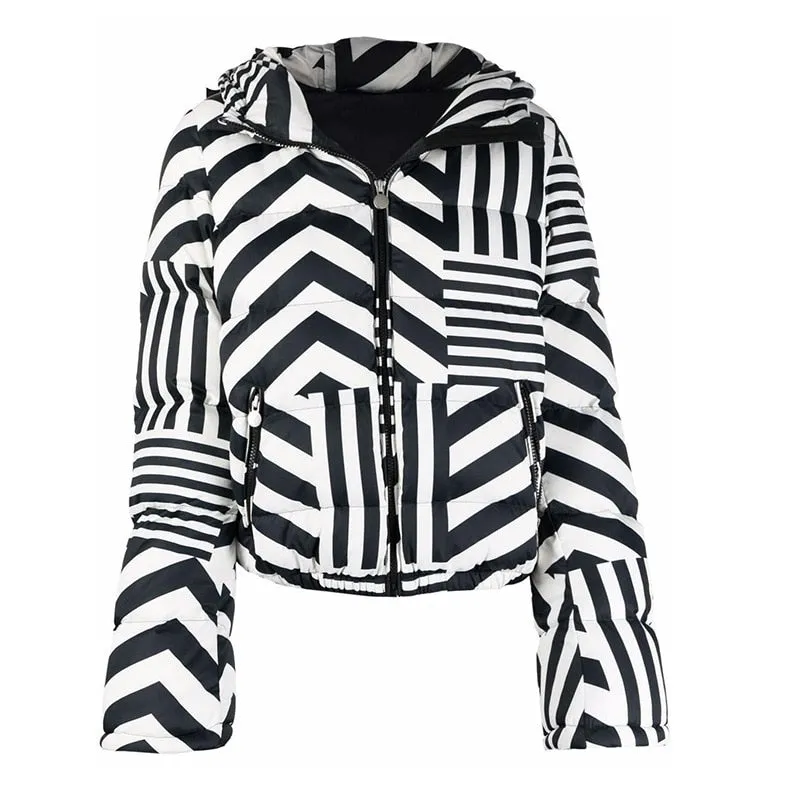 Womens Short Down Jacket - Hooded Parka with Black and White Stripes - Fashionable Winter Coat