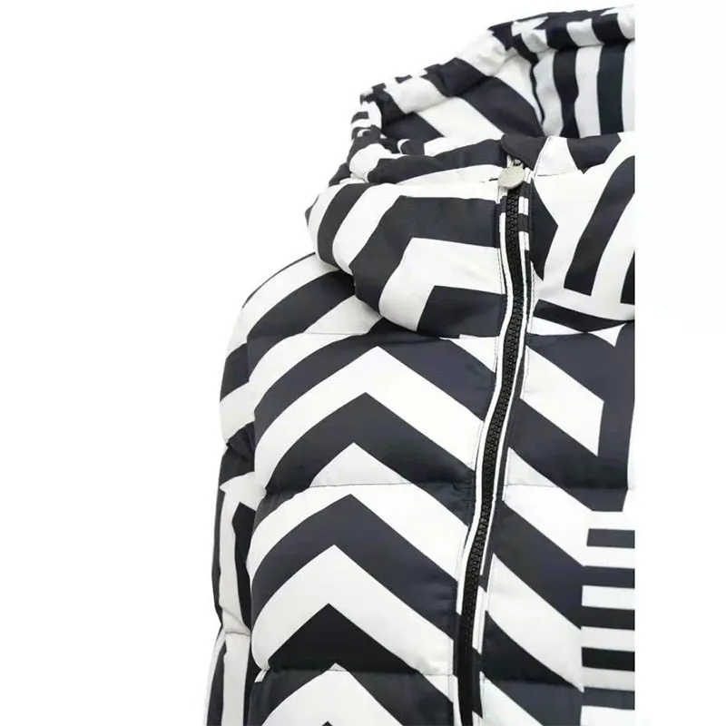 Womens Short Down Jacket - Hooded Parka with Black and White Stripes - Fashionable Winter Coat