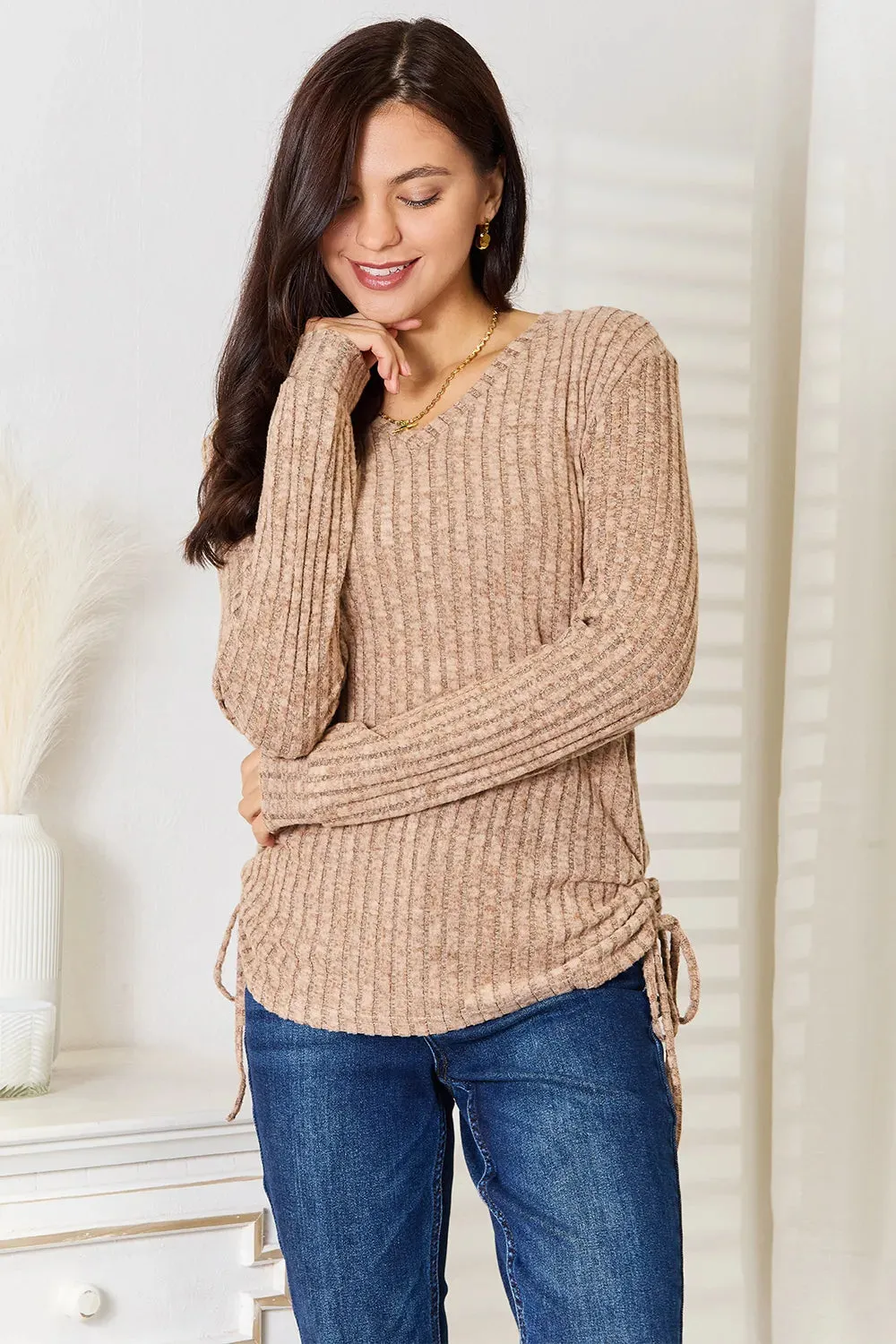 Drawstring Ribbed Long Sleeve T-Shirt