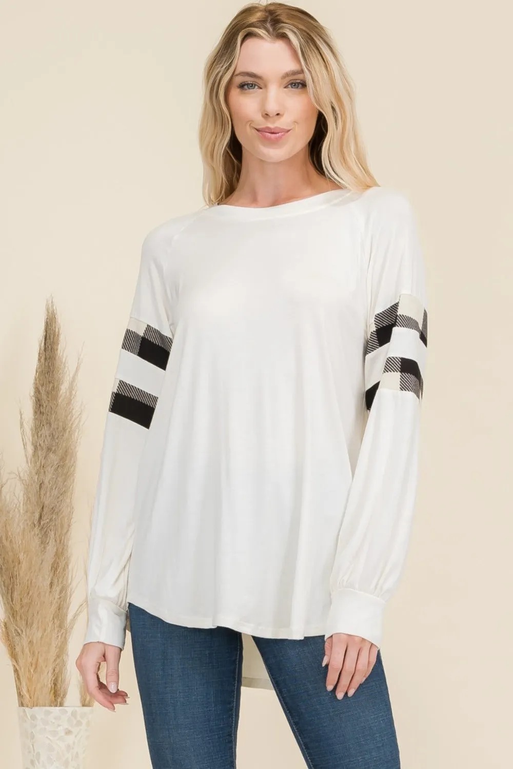 Full Size Plaid Detail Long Sleeve T-Shirt