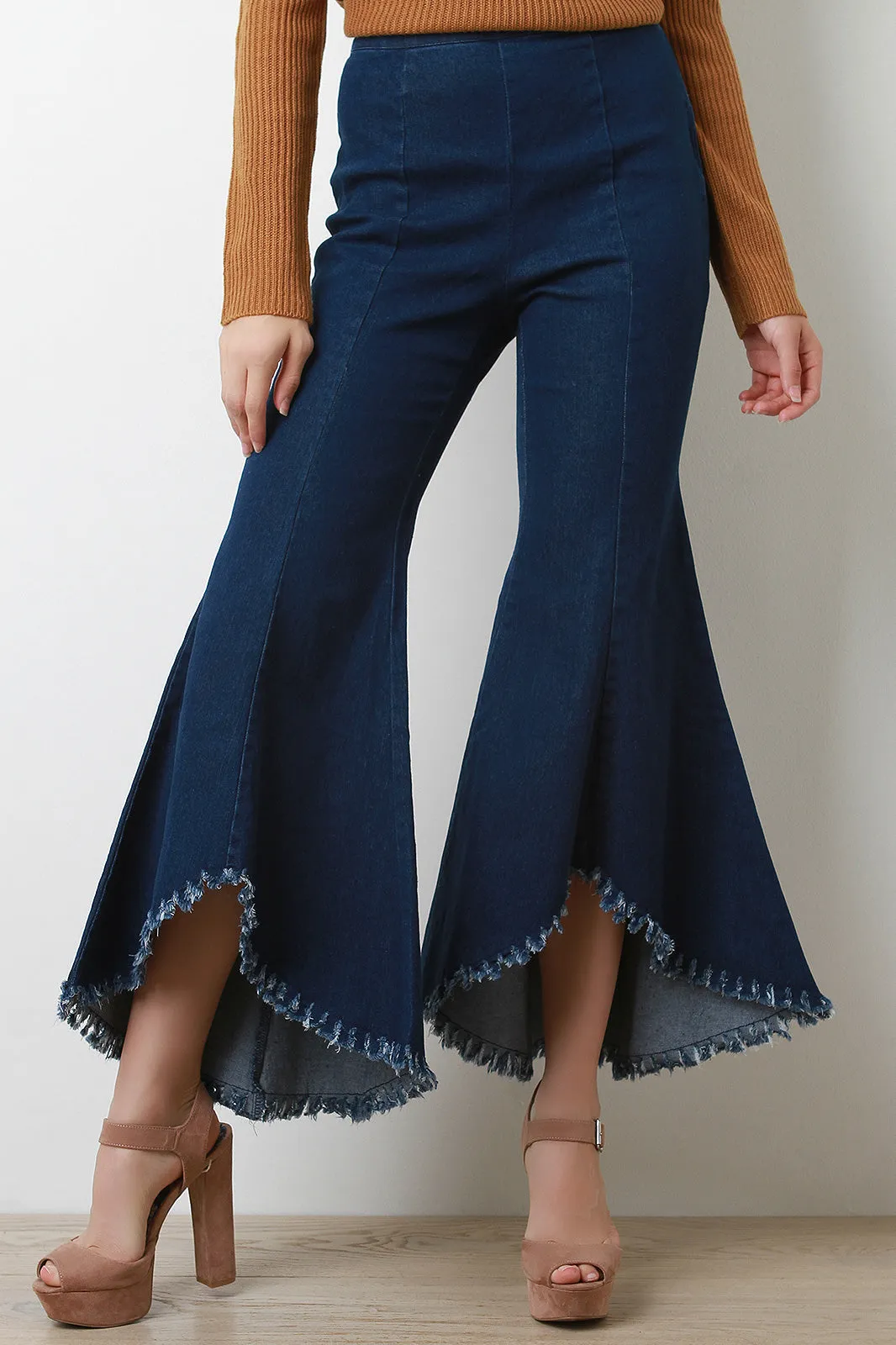 High-Low Frayed Hem Bell Bottom Denim Jeans