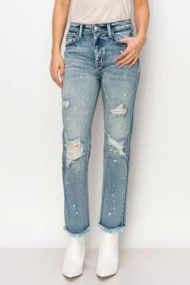 HIGH RISE DISTRESSED STRAIGHT WITH FRAY HEM JEANS