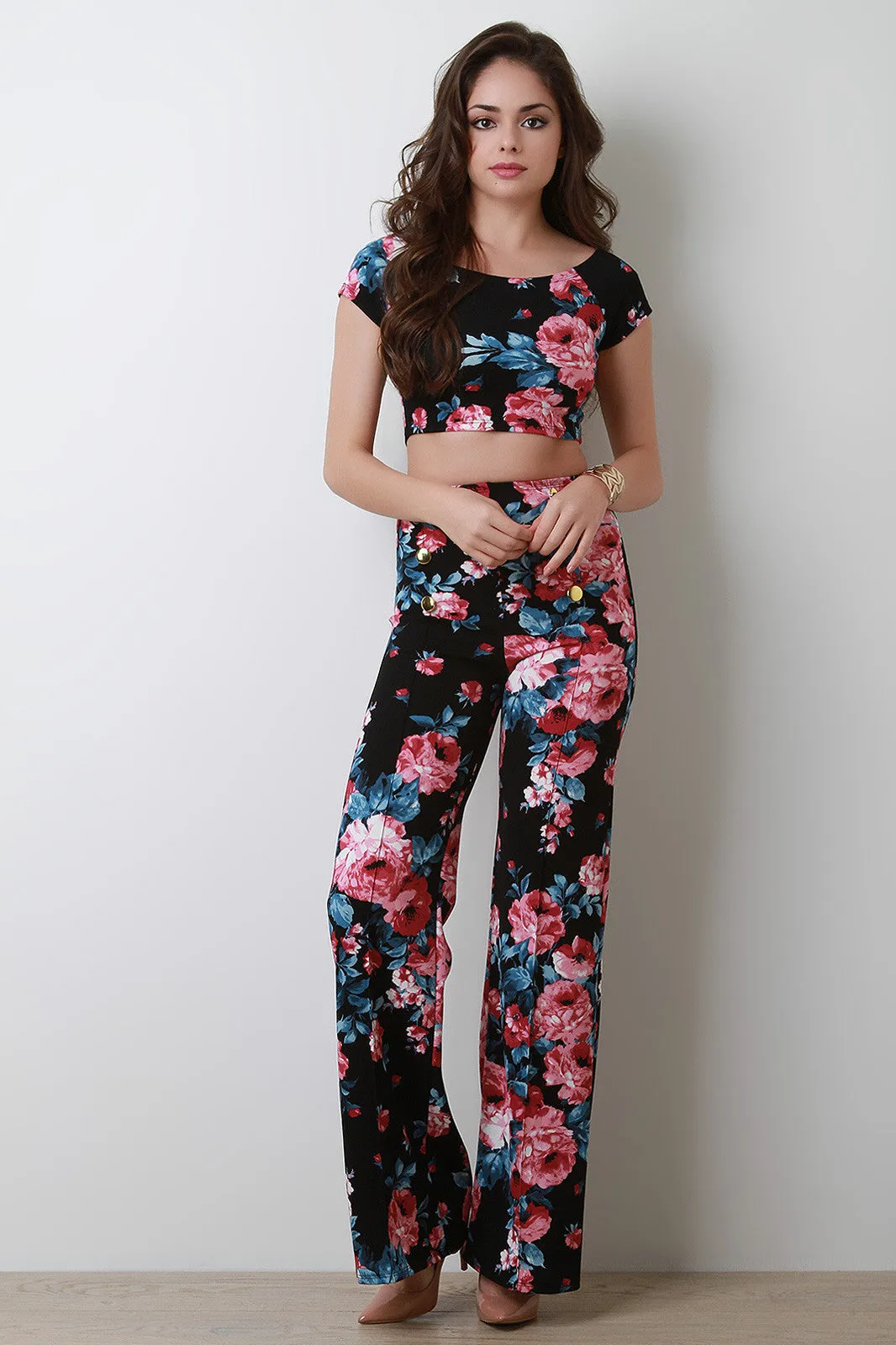 High Waisted Floral Decor Button Palazzo Pants