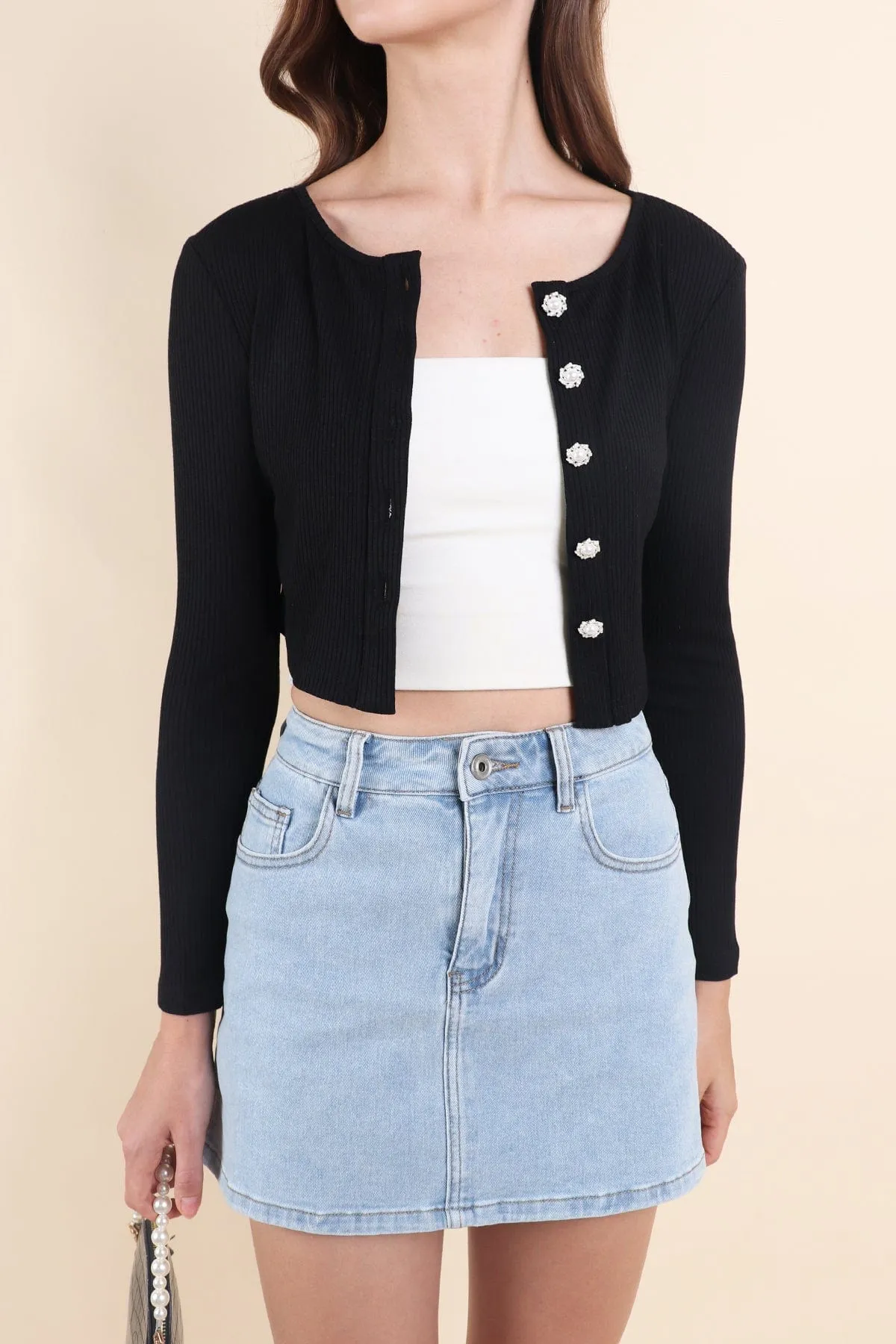 INA PEARL CARDIGAN TOP IN BLACK