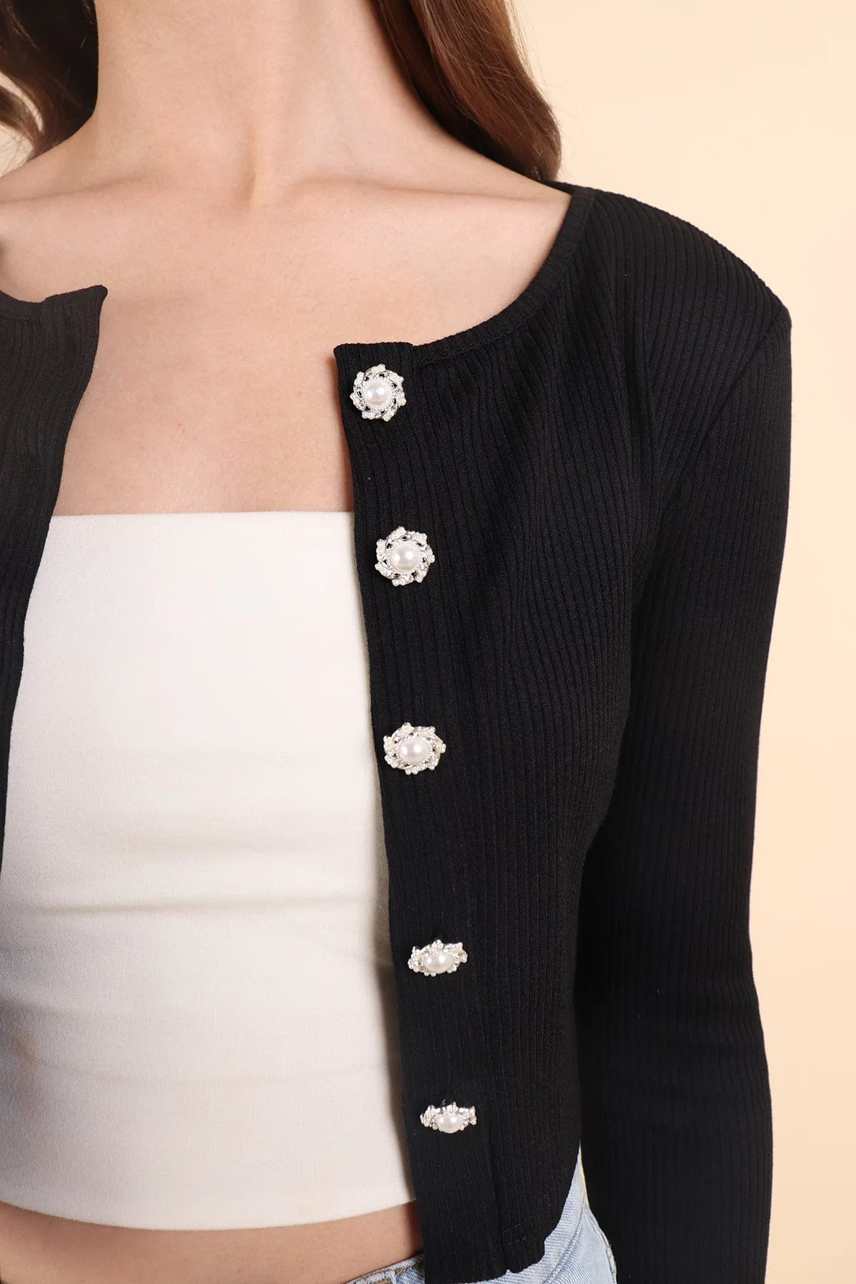 INA PEARL CARDIGAN TOP IN BLACK