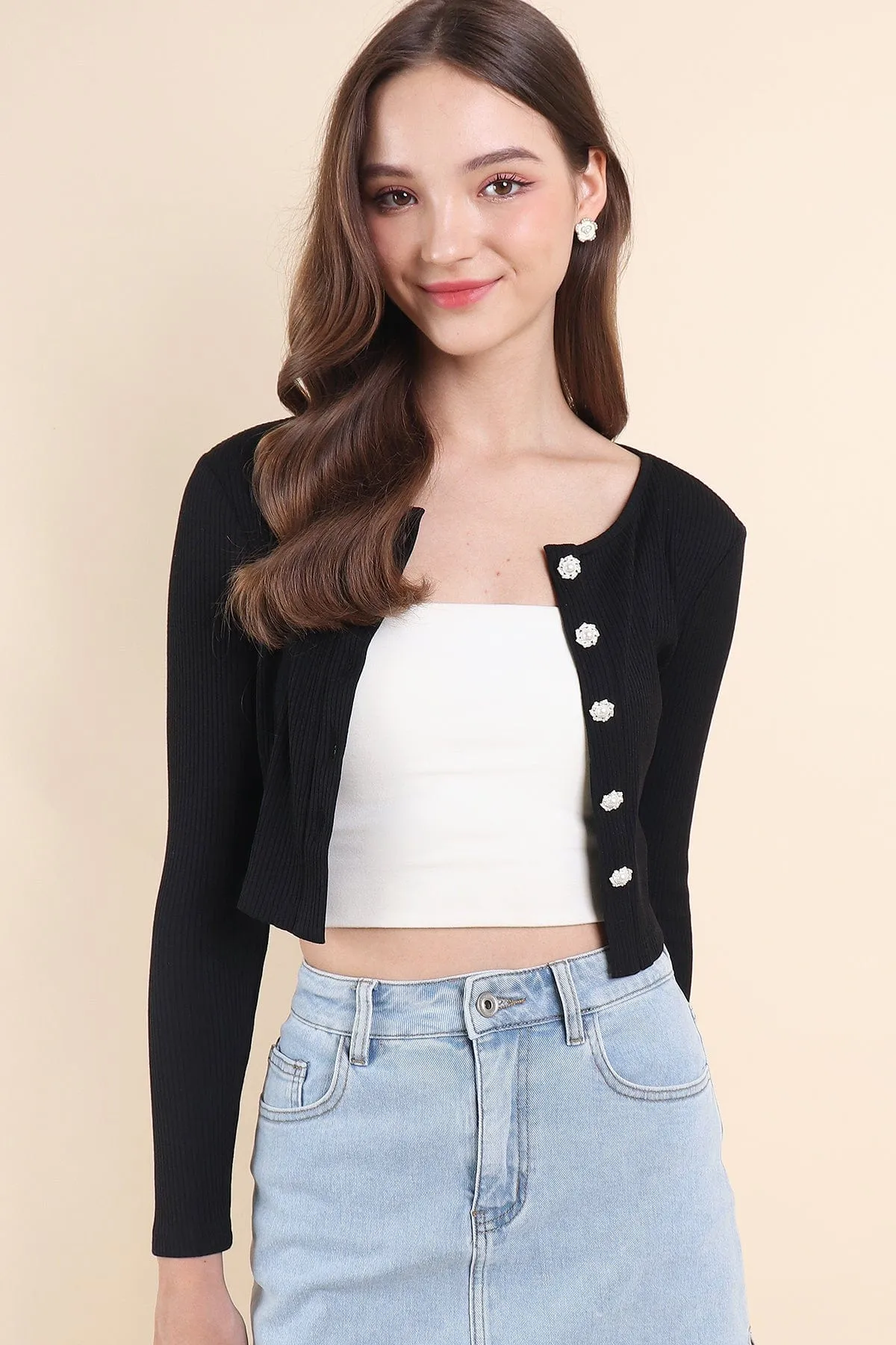 INA PEARL CARDIGAN TOP IN BLACK