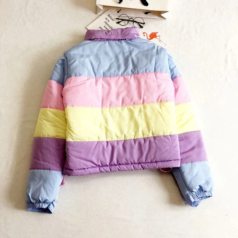 Kawaii Aesthetic Cute 90s Y2K Pastel Rainbow Colorblocking Cropped Down Jacket