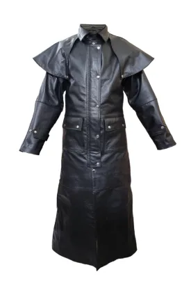 Mens Riding Hunting Trench Coat Black Leather Duster Steampunk (T7-Blk)