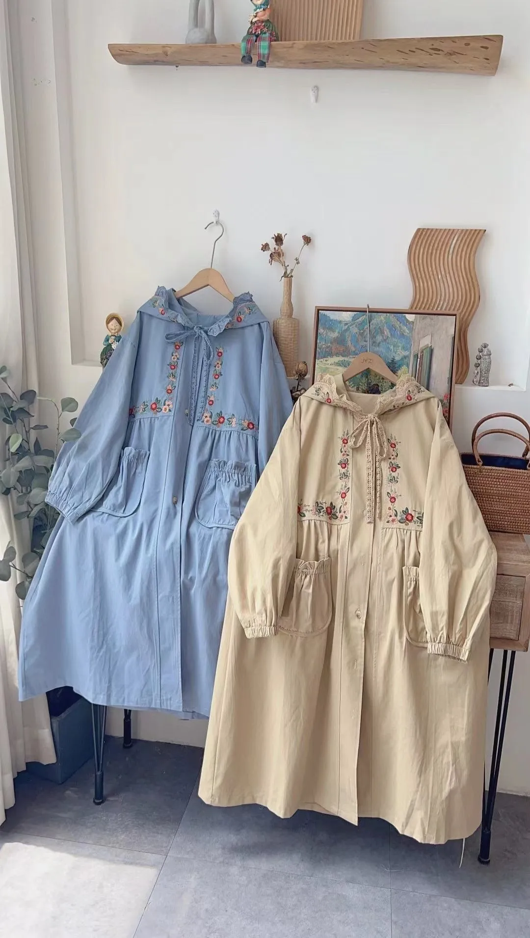 Mori Kei Embroidery Hooded Trench Jacket