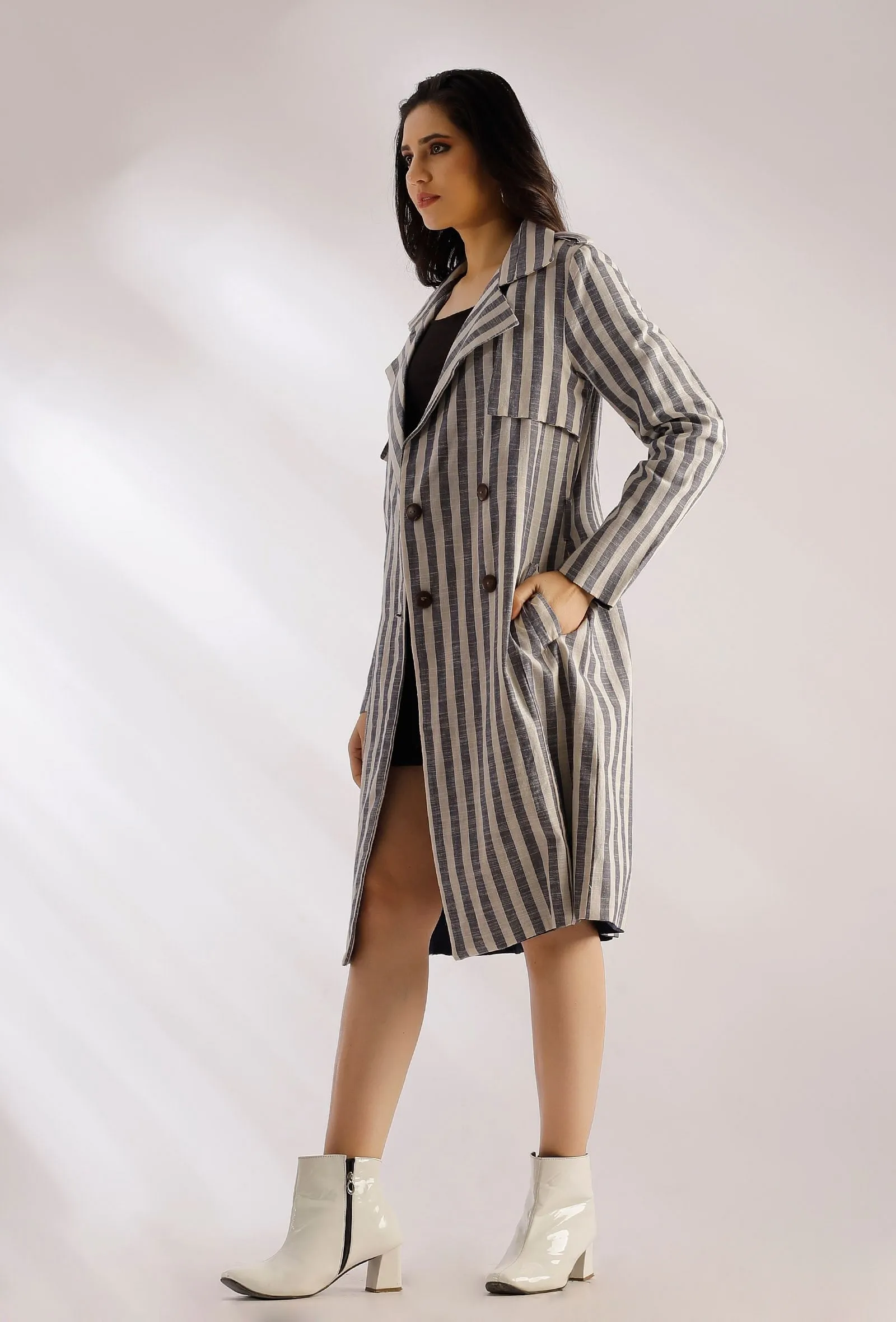 Natalie Black Striped Pure Woven Cotton Trench Coat