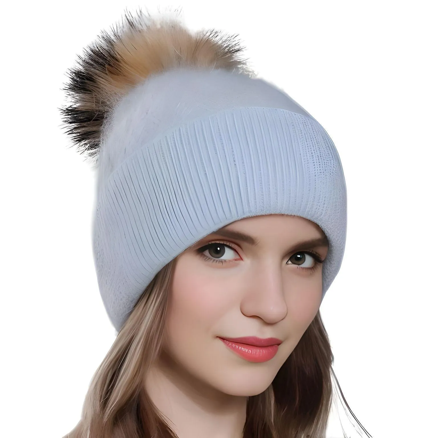 Natural Raccoon Fur Pompom Rabbit Fur Women's Angora Fur Hat Bonnet Women's Winter Hats