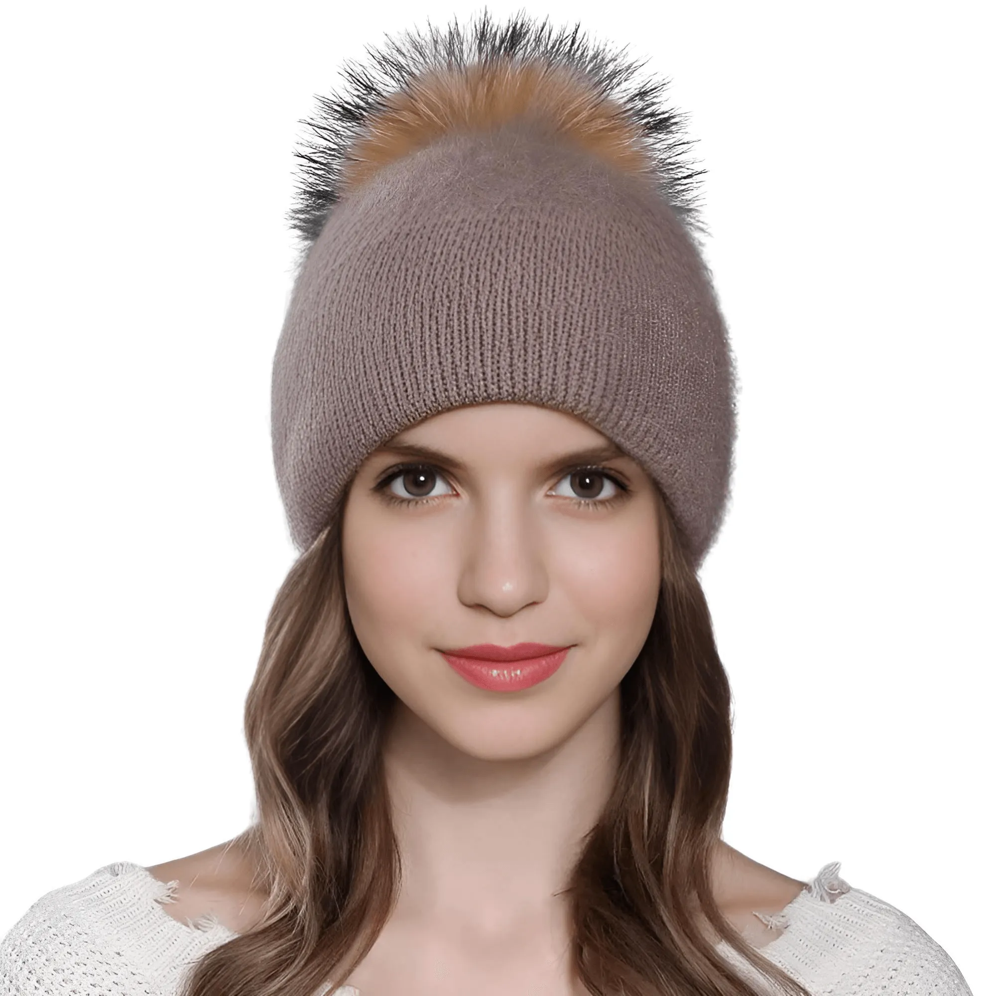 Natural Raccoon Fur Pompom Rabbit Fur Women's Angora Fur Hat Bonnet Women's Winter Hats