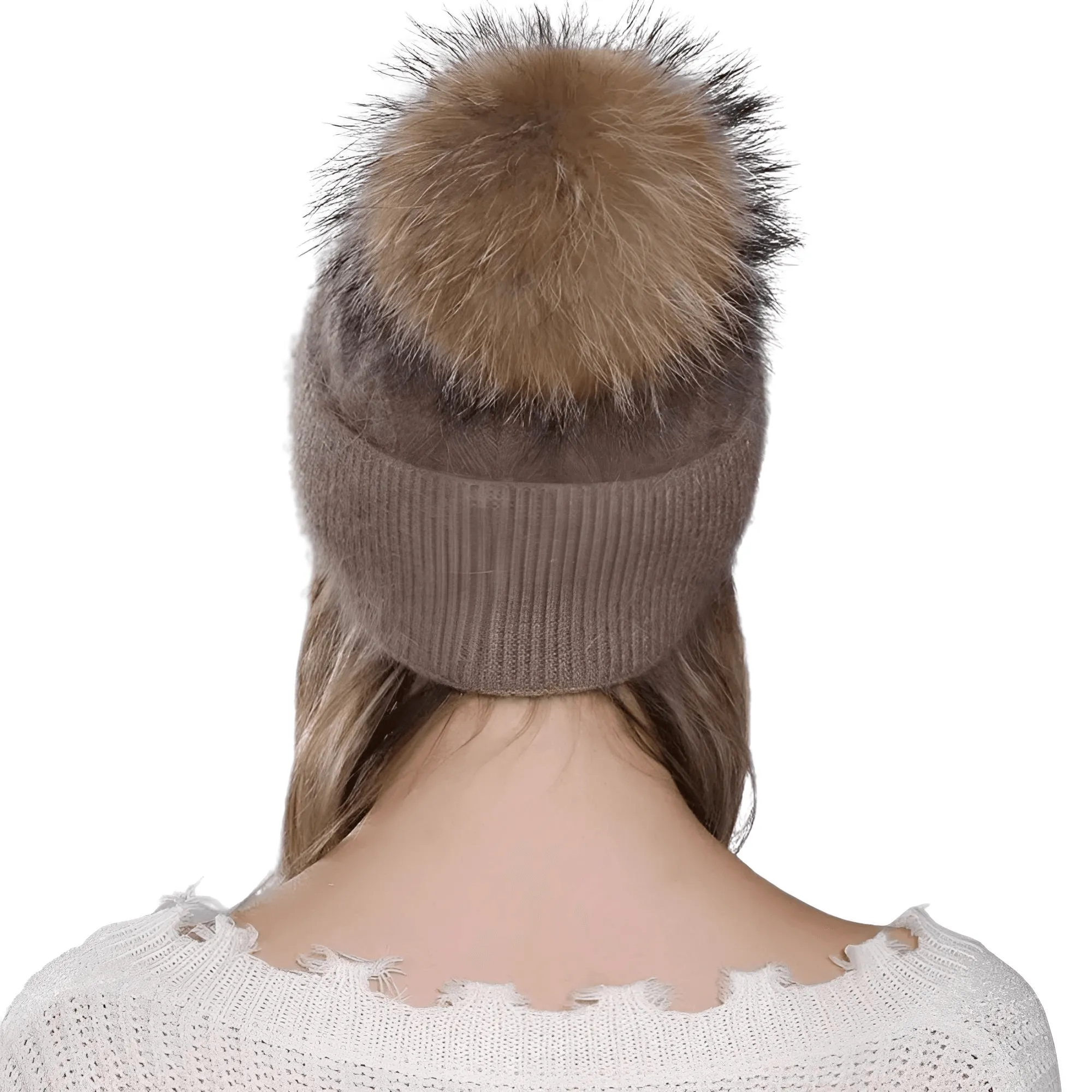 Natural Raccoon Fur Pompom Rabbit Fur Women's Angora Fur Hat Bonnet Women's Winter Hats