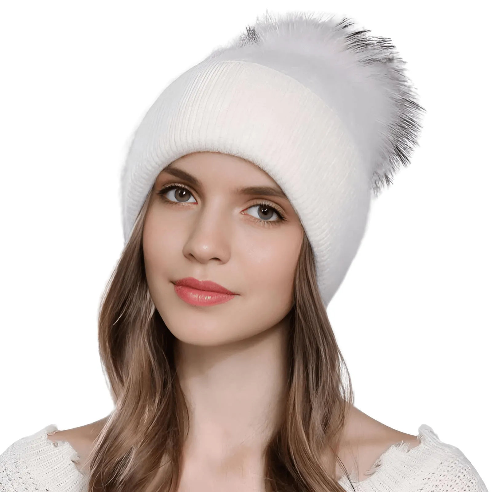 Natural Raccoon Fur Pompom Rabbit Fur Women's Angora Fur Hat Bonnet Women's Winter Hats