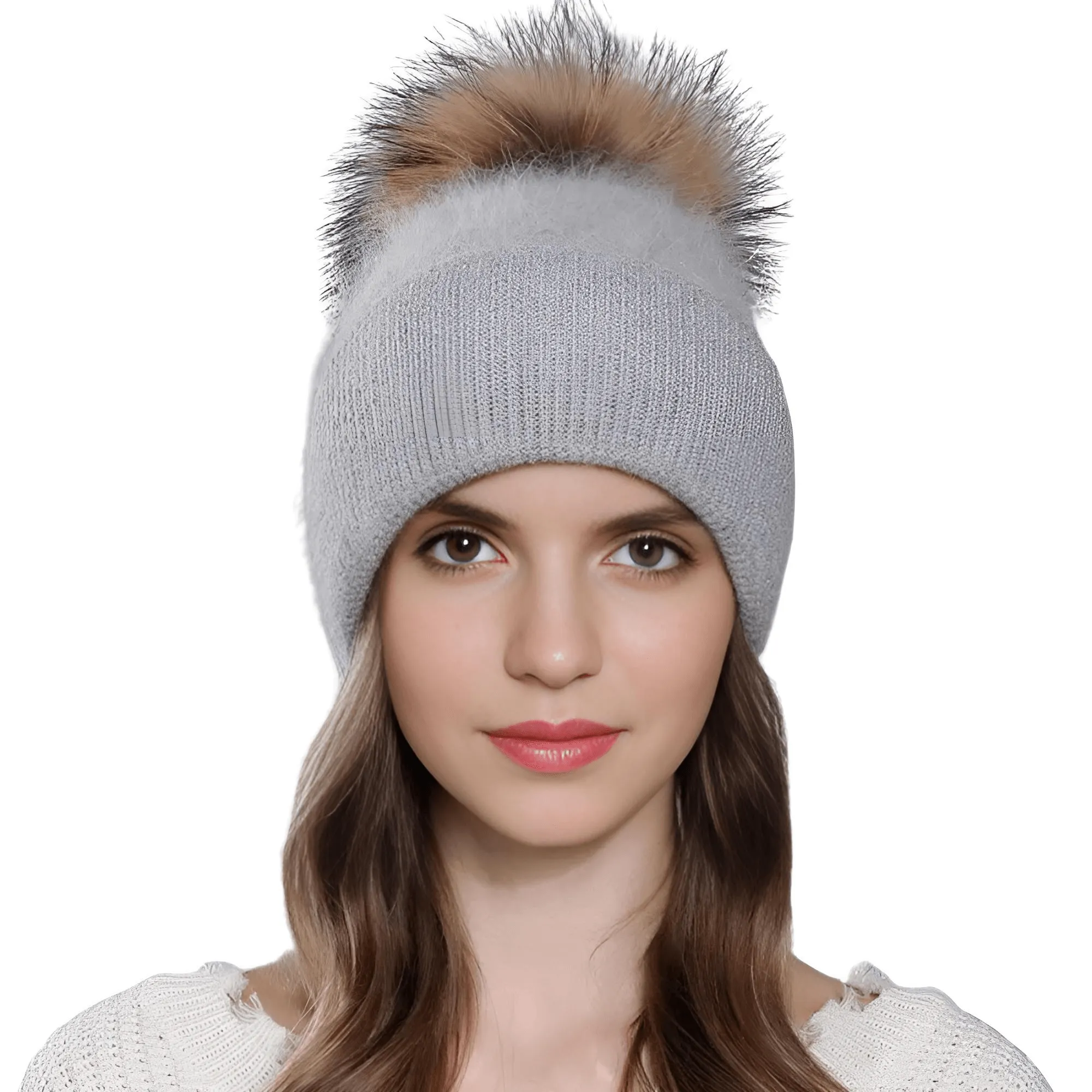 Natural Raccoon Fur Pompom Rabbit Fur Women's Angora Fur Hat Bonnet Women's Winter Hats