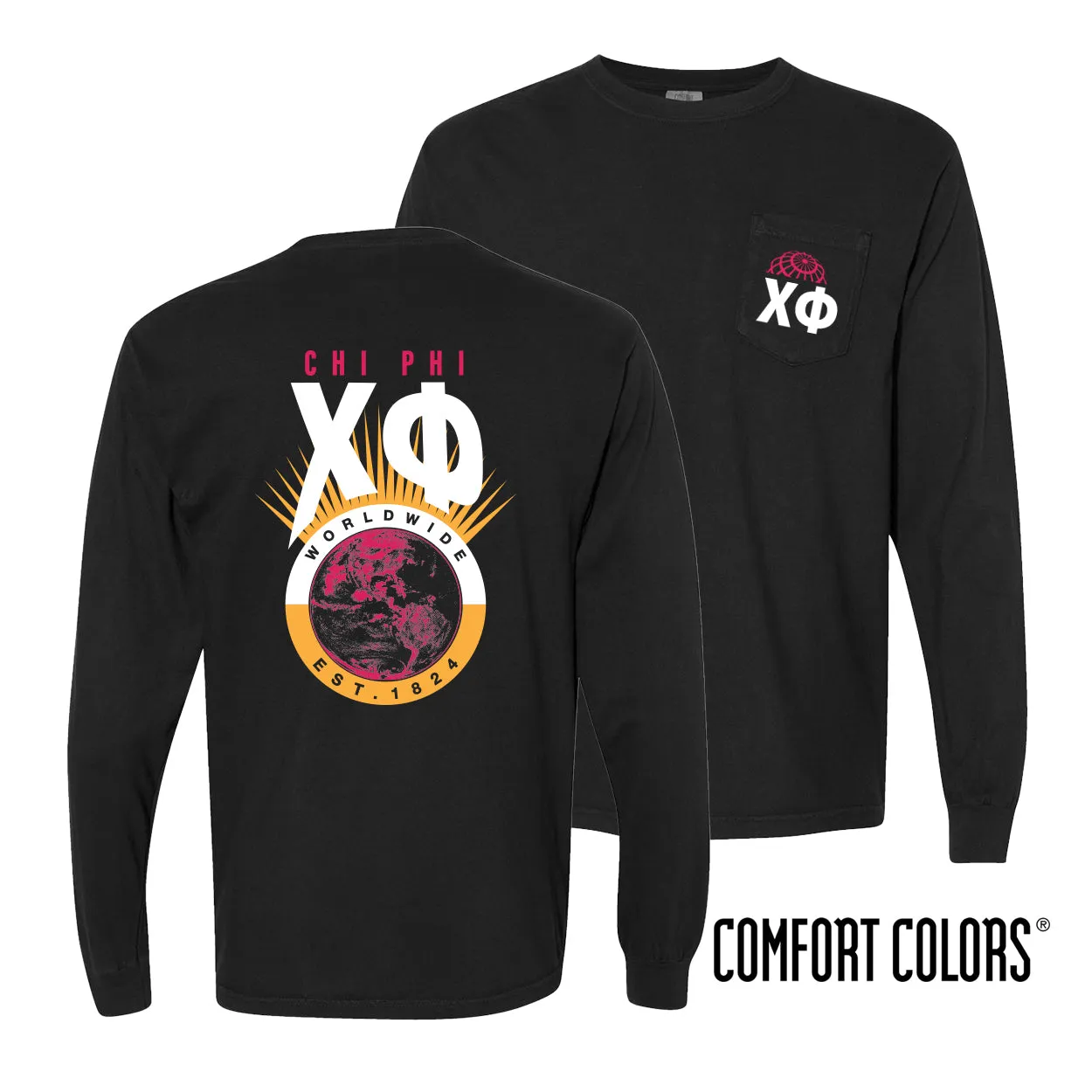 New! Chi Phi Comfort Colors Retro Worldwide Long Sleeve Tee