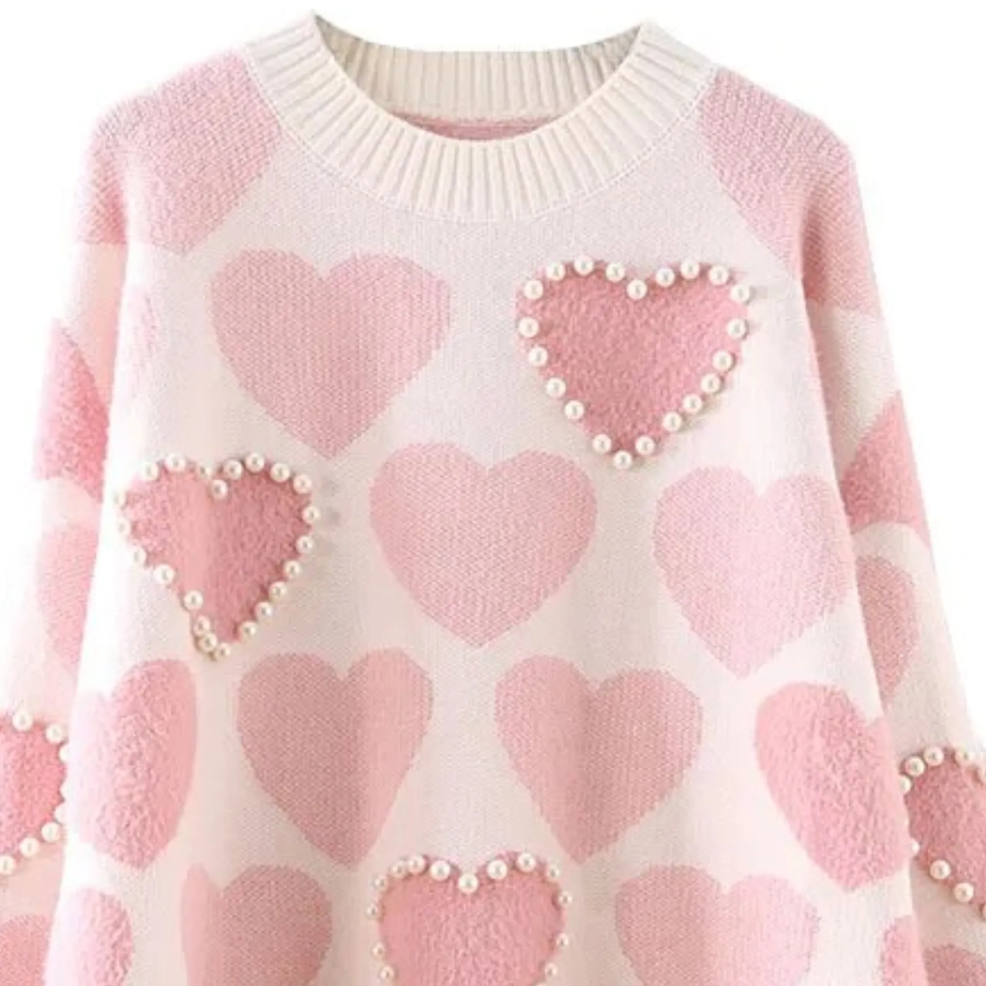 Pre Order:  Knitted Heart Print Beaded Sweater