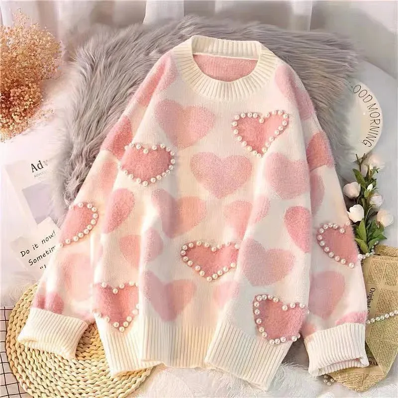 Pre Order:  Knitted Heart Print Beaded Sweater