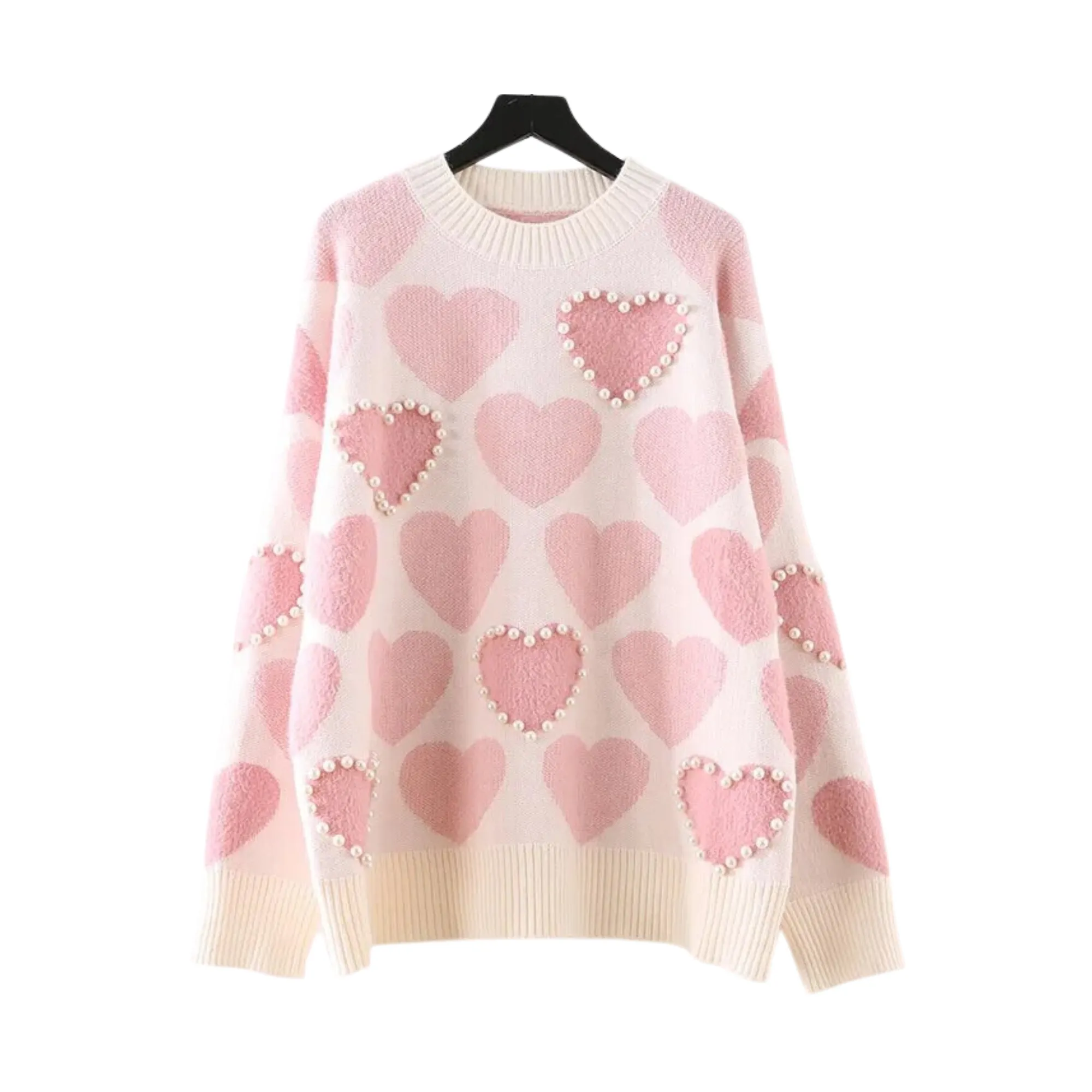 Pre Order:  Knitted Heart Print Beaded Sweater