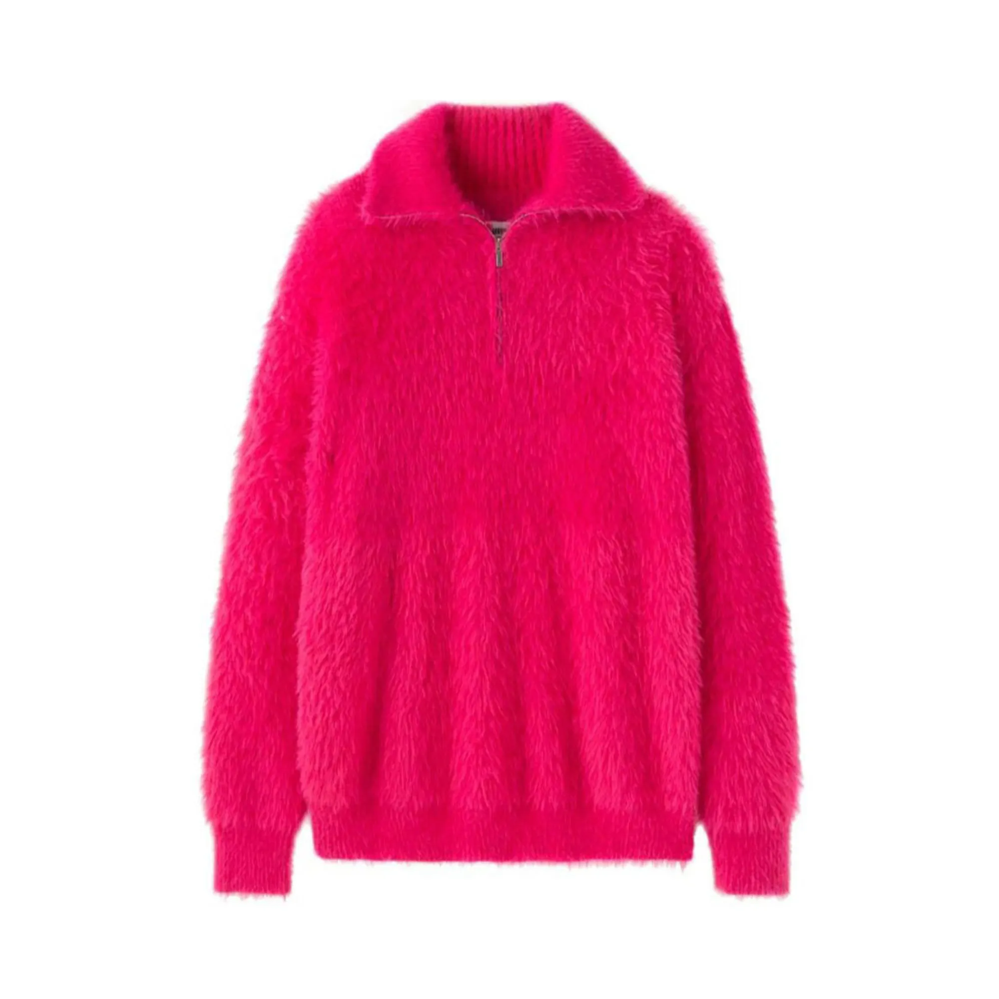 Pre Order:  Turtleneck Knitted Half-Zip Fluffy Sweater