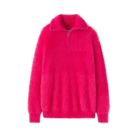 Pre Order:  Turtleneck Knitted Half-Zip Fluffy Sweater