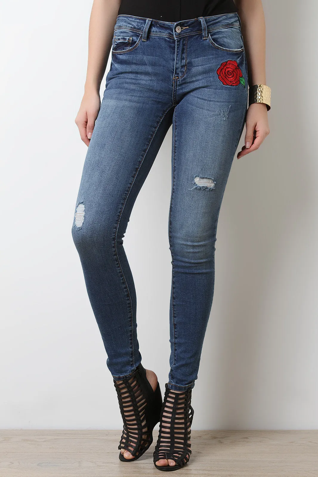 Rose Embroidery Slightly Distressed Jeans