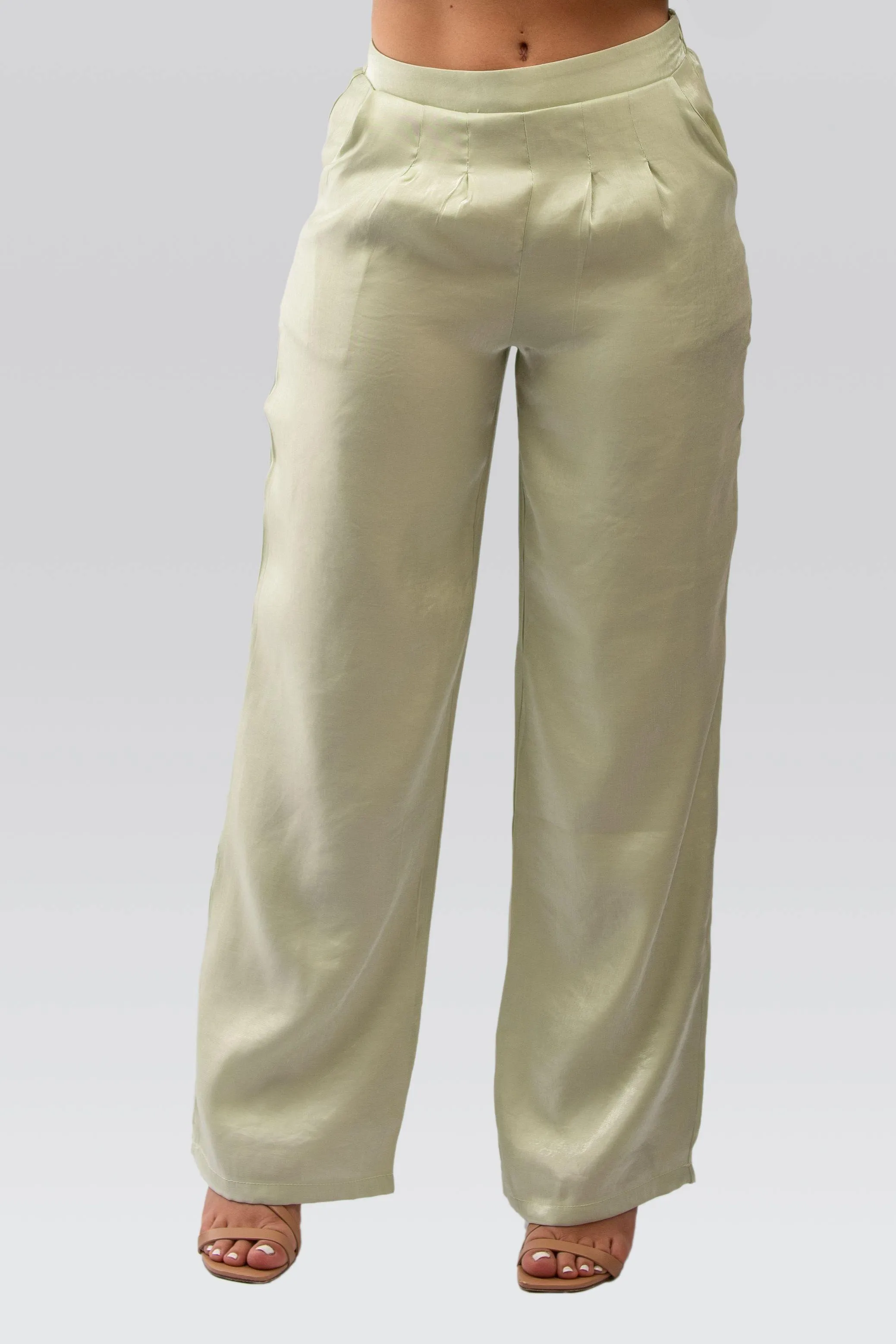 Satin Pleated Waist Trousers in Pale Sage