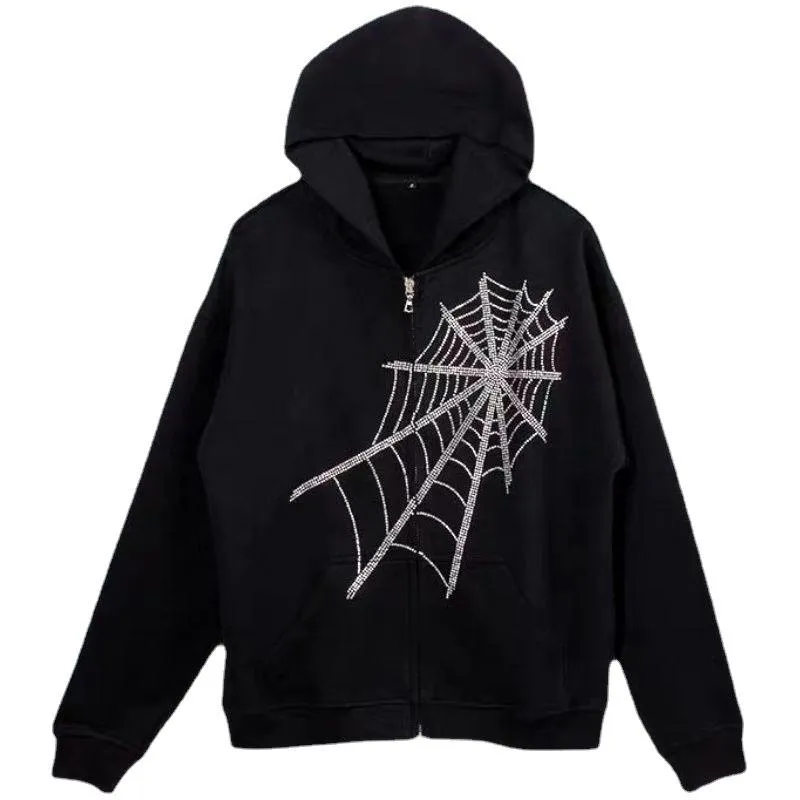 Spider web pierced hot retro casual long-sleeved zipper hoodie