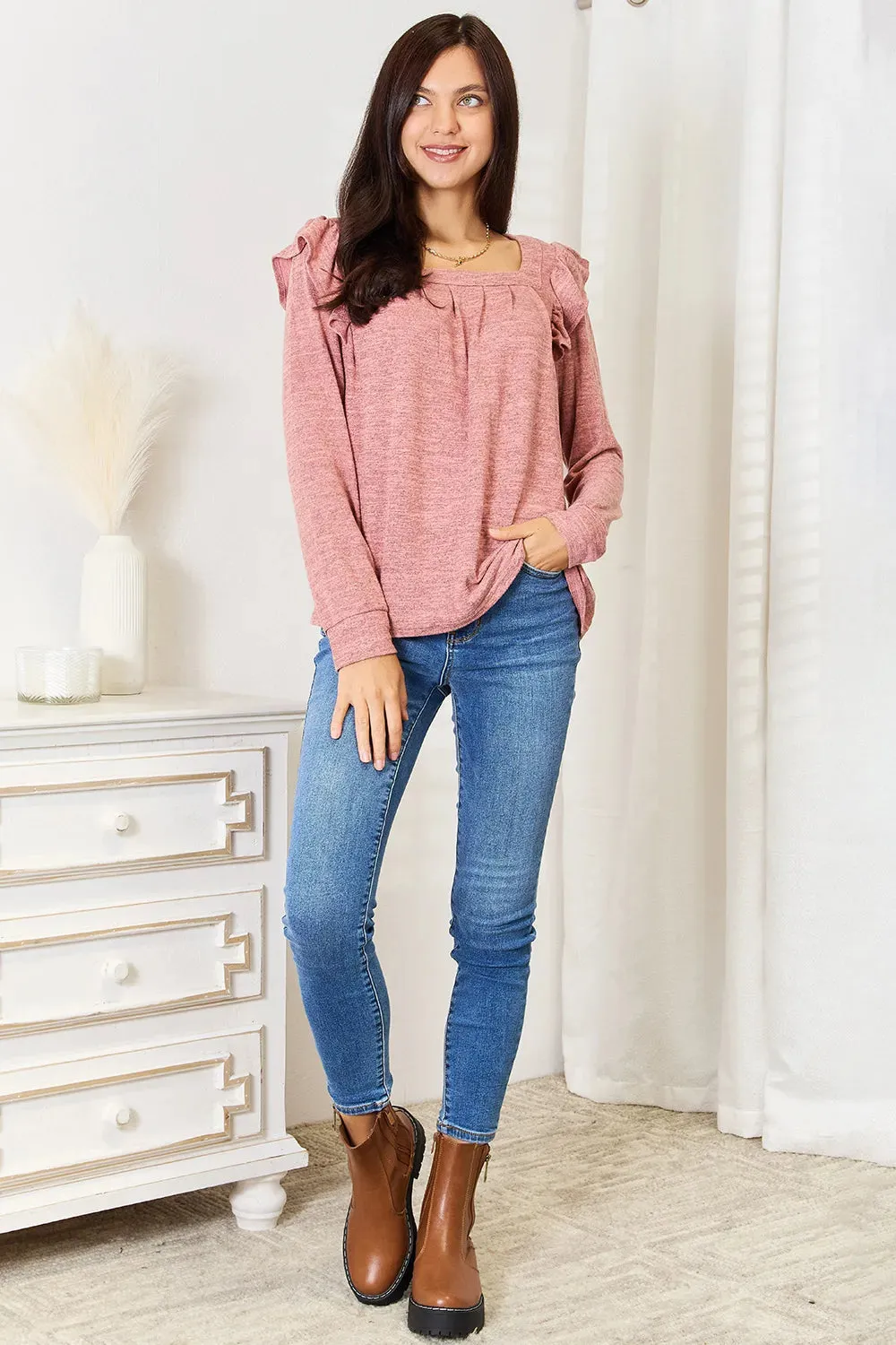 Square Neck Ruffle Shoulder Long Sleeve T-Shirt