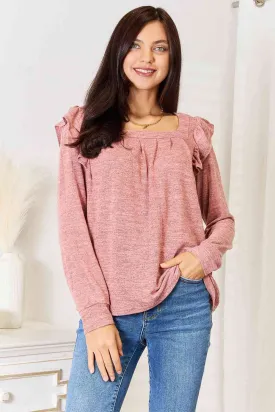 Square Neck Ruffle Shoulder Long Sleeve T-Shirt