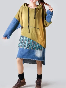 Women's Retro Large Size Hooded Long Sleeve Pullover Denim Midi Dress